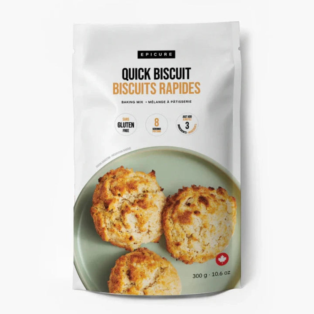 A package of Epicure gluten free Quick Biscuit Mix on a white background 