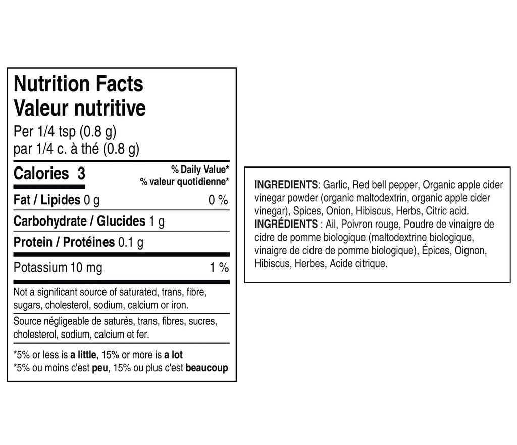 A black-and-white Epicure Red Garlic Topper Nutrition Facts label with English and French text, showing calories, nutrients, and ingredients for a food product.