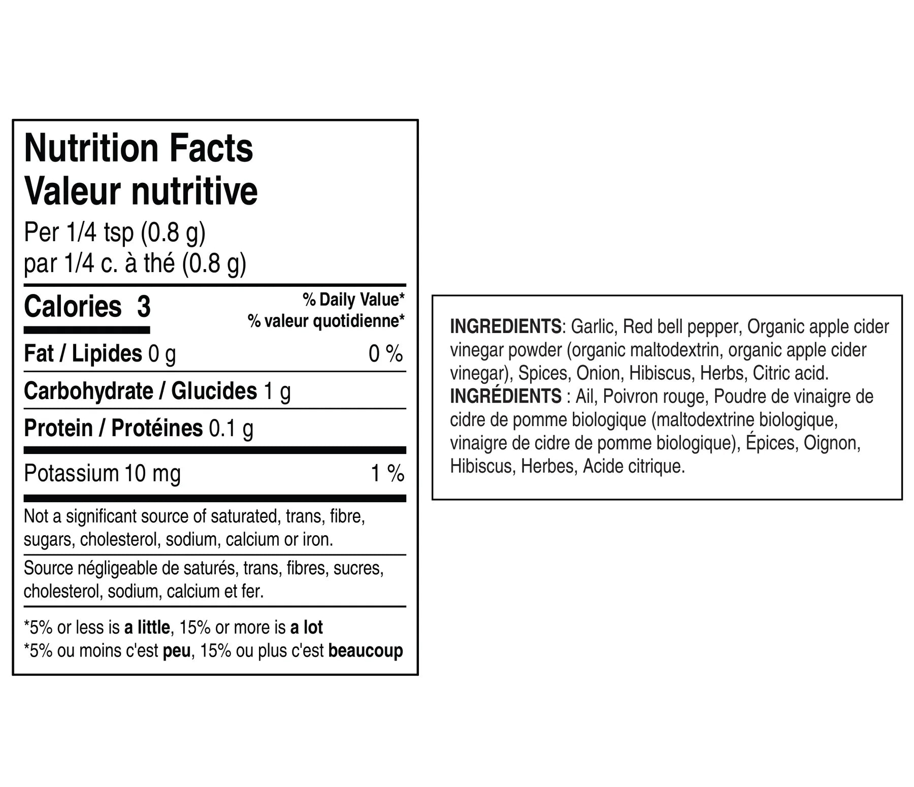 A black-and-white Epicure Red Garlic Topper Nutrition Facts label with English and French text, showing calories, nutrients, and ingredients for a food product.