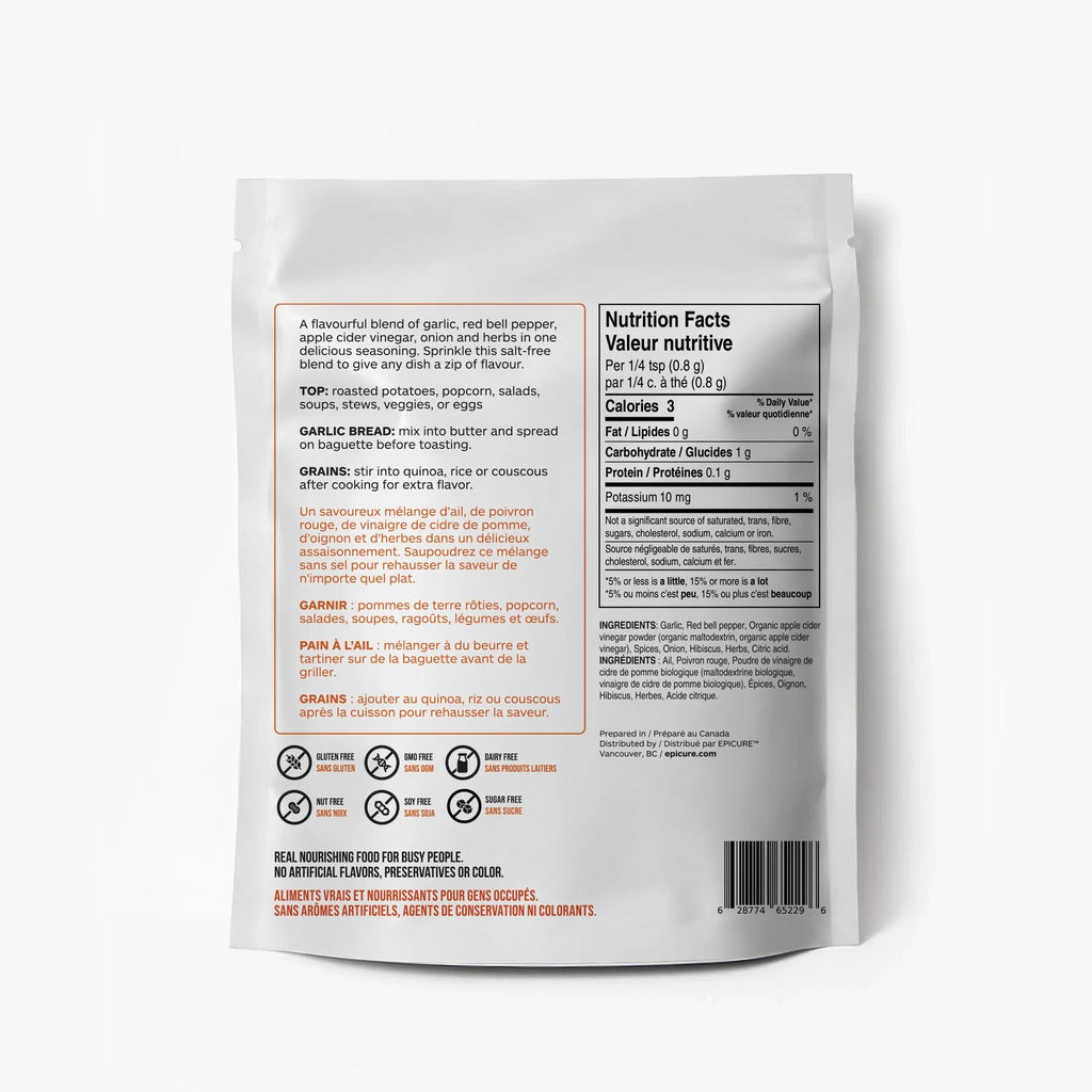 The back of a white stand-up pouch package of Epicure Red Garlic Topper showing printed nutrition facts, ingredients, and icons on a plain white background.
