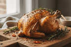Roasted whole chicken seasoned with rosemary sitting on a cutting board with rosemary sprigs.