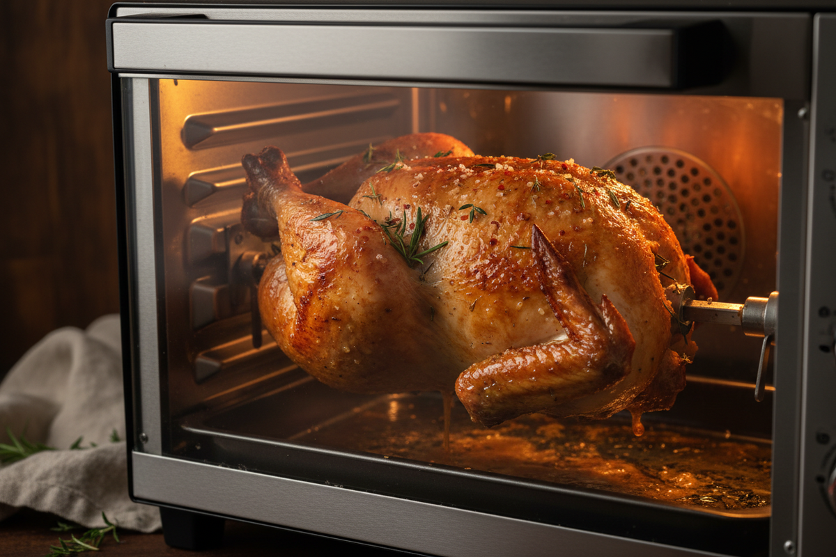 A whole roasted chicken on a rotisserie spit inside a glass-front countertop oven, with warm orange interior lighting and herb garnish visible.