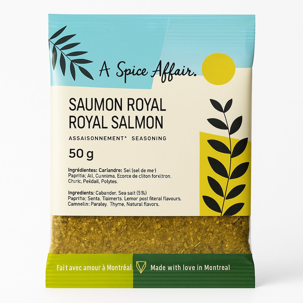 A package of A Spice Affair Royal Salmon Seasoning against a white background