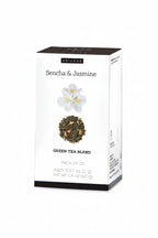 Tea box labeled 'Sencha & Jasmine' with floral design on a white background