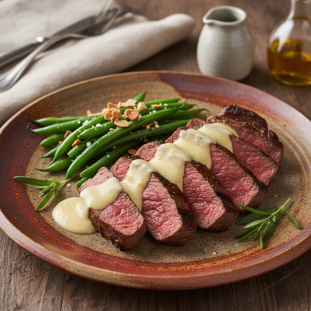 Sliced medium-rare beef steak topped with Bearnaise sauce on a speckled brown ceramic plate, served with green beans and almonds on a wooden table.