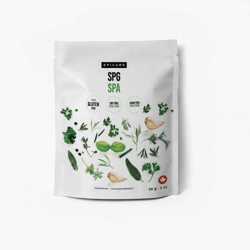 A packet of Epicure SPG Seasoning with herb illustrations on a white background