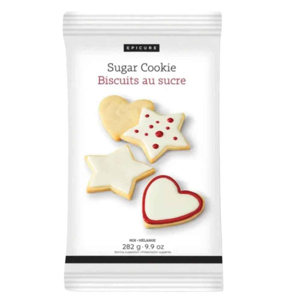 Packaging of Epicure sugar cookie mix with cookies on a white background