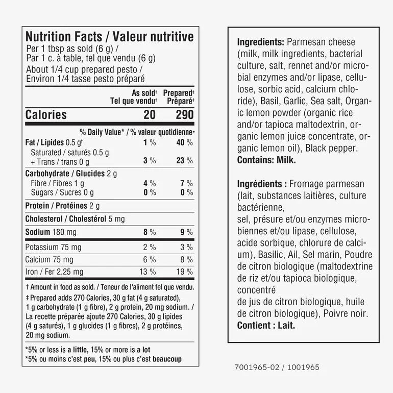 Nutrition facts for Super Green Pesto Seasoning Epicure 