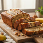 A loaf of banana bread with several slices cut and stacked on a wooden cutting board, with bananas and a small plant in the background.