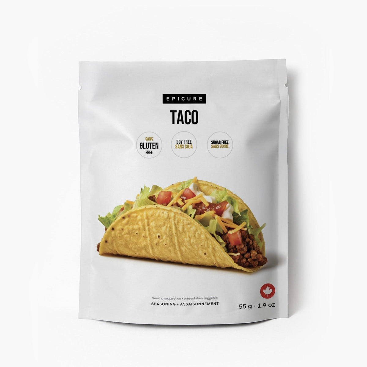  A package of Epicure Taco Seasoning on a white background