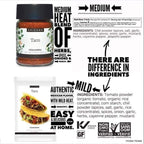 A product comparison graphic for Epicure Taco Seasoning showing two containers side by side: a medium heat blend in a clear jar with a black lid, and a mild heat version in a white pouch with a printed taco illustration. The graphic includes large text comparing heat levels and listing ingredients on a white background.