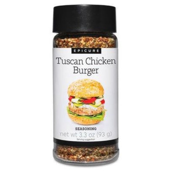 A bottle of Epicure Tuscan Chicken Burger Seasoning on a plain white background. The clear plastic bottle shows the brown and beige spice blend inside, topped with a black cap and featuring a white label with a burger graphic.