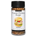 A bottle of Epicure Tuscan Chicken Burger Seasoning on a plain white background. The clear plastic bottle shows the brown and beige spice blend inside, topped with a black cap and featuring a white label with a burger graphic.