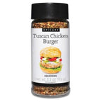 A bottle of Epicure Tuscan Chicken Burger Seasoning on a plain white background. The clear plastic bottle shows the brown and beige spice blend inside, topped with a black cap and featuring a white label with a burger graphic.