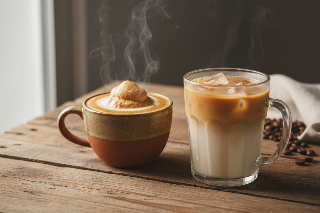 A ceramic mug with a brown and beige glazed finish holds a steaming latter topped with a dollop of whipped cream, set beside a clear glass mug filled with an iced latte on a rustic wooden table, with scattered coffee beans in the background.