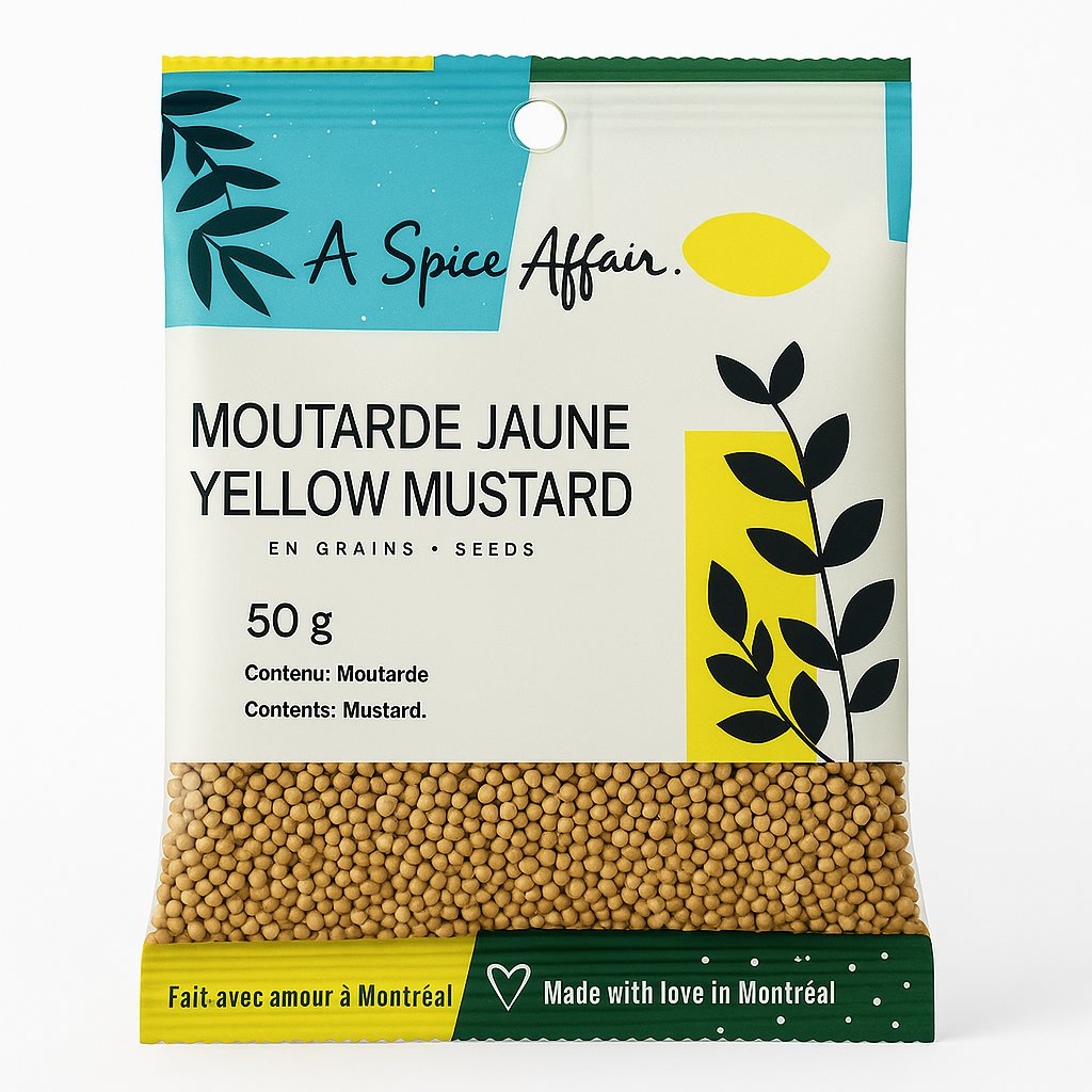 A package of A Spice Affair Yellow Mustard Seeds against a white background